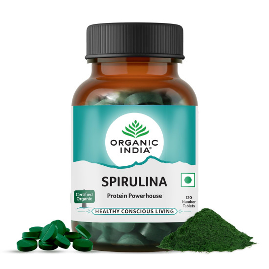 A TATA Product - Organic India Spirulina - 120 Tablets, Natural Amino Acids, Protein Powerhouse, Plant-Based Superfood, Improve Stamina, For Hair, Skin, Nails & Overall Health