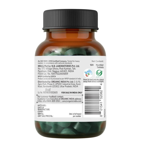 A TATA Product - Organic India Spirulina - 120 Tablets, Natural Amino Acids, Protein Powerhouse, Plant-Based Superfood, Improve Stamina, For Hair, Skin, Nails & Overall Health