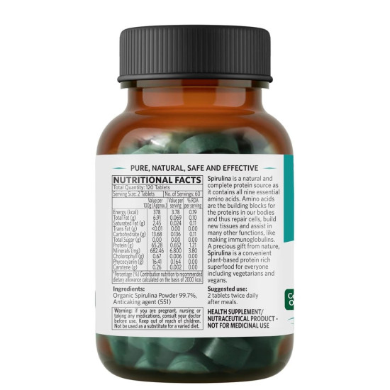 A TATA Product - Organic India Spirulina - 120 Tablets, Natural Amino Acids, Protein Powerhouse, Plant-Based Superfood, Improve Stamina, For Hair, Skin, Nails & Overall Health