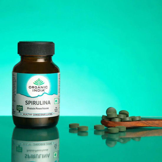 A TATA Product - Organic India Spirulina - 120 Tablets, Natural Amino Acids, Protein Powerhouse, Plant-Based Superfood, Improve Stamina, For Hair, Skin, Nails & Overall Health