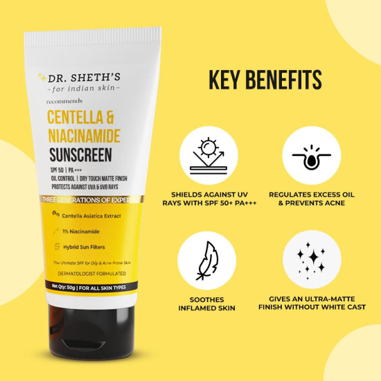 Dr. Sheth's Centella & Niacinamide Sunscreen Spf 50 Pa+++ For Oily & Acne-Prone Skin, Sweatproof, Water-Resistant, Dry Touch, Matte Controls Excess Oil, Protects Against Uva & Uvb Rays For Unisex, 50g