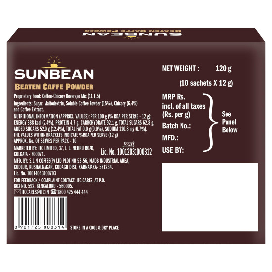 Sunbean?Beaten Caffe Powder, Frothy Cold Coffee Or Creamy Hot Coffee In An Instant, Café-Style Coffee,?120G (10 Sachet X 12G Each), 1 Count