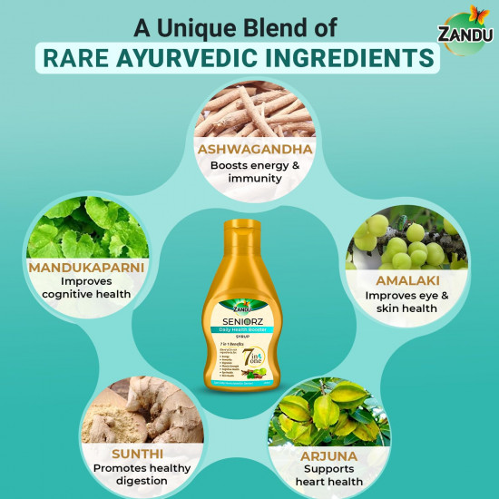 Zandu Seniorz Daily Health Booster Syrup| 450ml | Helps improve Immunity, Muscle Strength, Energy, Digestion, Eye health, Cognitive health, Skin health | 100% Ayurvedic & Natural Health Drink