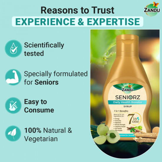 Zandu Seniorz Daily Health Booster Syrup| 450ml | Helps improve Immunity, Muscle Strength, Energy, Digestion, Eye health, Cognitive health, Skin health | 100% Ayurvedic & Natural Health Drink