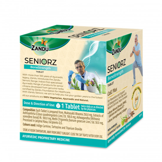 Zandu Seniorz BoneStrength Tablet | 100% Ayurvedic Supplement | Rich in Natural Calcium, Vitamin D3 | with Hadjod | Clinically proven to Help Increase Bone Mineral Density & Collagen (Pack of 60 Tabs)