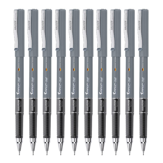 Hauser Sonic 0.55mm Gel Pen Box | Attractive Foiled Body | Stylish Metal Clip | Refillable & Waterproof Gel Ink | German Technology For Smooth & Effortless Writing | Black Ink, Set of 10 Gel Pens