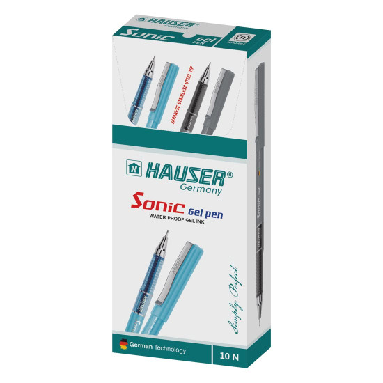 Hauser Sonic 0.55mm Gel Pen Box | Attractive Foiled Body | Stylish Metal Clip | Refillable & Waterproof Gel Ink | German Technology For Smooth & Effortless Writing | Black Ink, Set of 10 Gel Pens