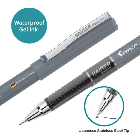 Hauser Sonic 0.55mm Gel Pen Box | Attractive Foiled Body | Stylish Metal Clip | Refillable & Waterproof Gel Ink | German Technology For Smooth & Effortless Writing | Black Ink, Set of 10 Gel Pens