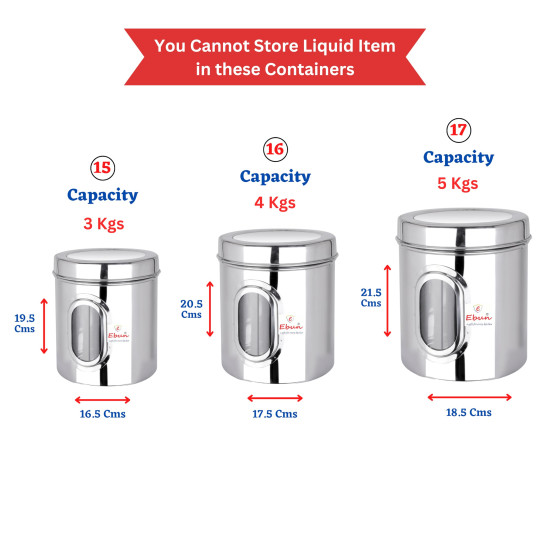 Ebun Stainless Steel See Through Transparent Containers | Jar for Kitchen Storage with See through Window | Mirror Finish | Set of 3 Pcs Combo of 3 Kgs, 4 Kgs and 5 Kgs Capacity