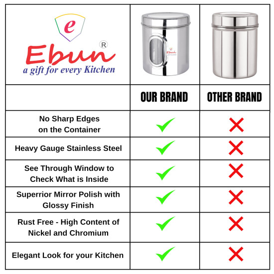 Ebun Stainless Steel See Through Transparent Containers | Jar for Kitchen Storage with See through Window | Mirror Finish | Set of 3 Pcs Combo of 3 Kgs, 4 Kgs and 5 Kgs Capacity