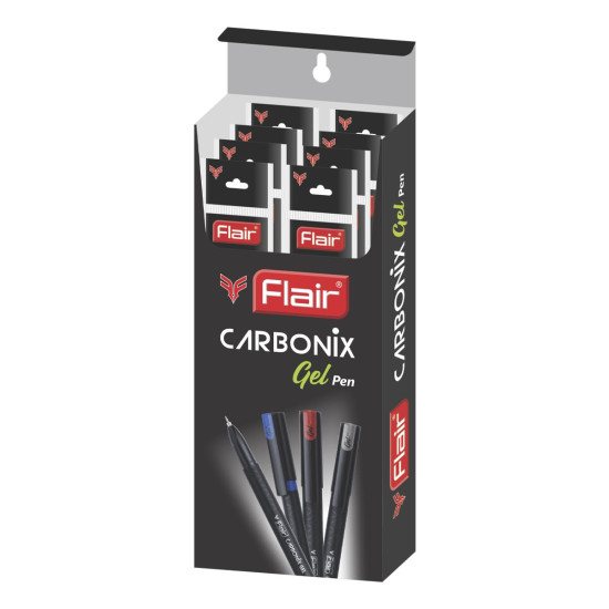 FLAIR Carbonix Gel Pen Box Pack | 0.5 mm Tip Size | Low-Viscosity Ink For Smudge Free Writing | Comfortable Grip For Smooth Writing Experience | Blue Ink, Set Of 10 Gel Pens x Pack Of 2