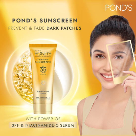 POND'S Serum boost sunscreen prevent and fade dark patches with the power of SPF 35 and NIACINAMIDE-C Serum 50g