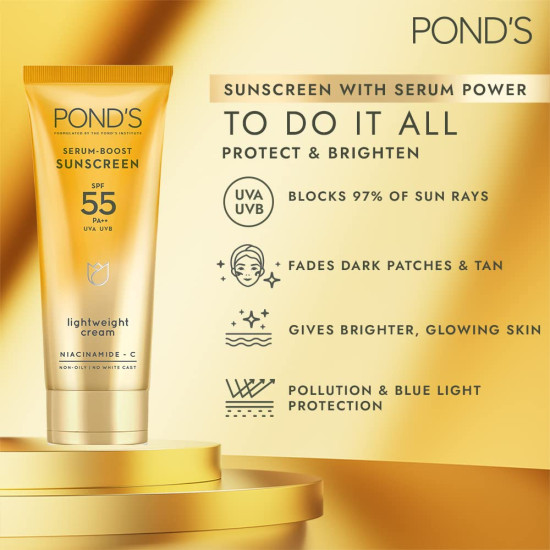 POND'S Serum boost sunscreen prevent and fade dark patches with the power of SPF 55 and NIACINAMIDE-C Serum 50g