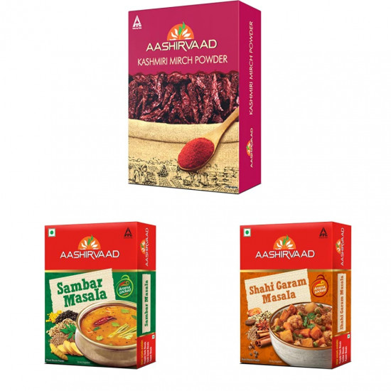 Aashirvaad Kashmiri Mirch - 100g & Aashirvaad Sambar Masala - 100g & Aashirvaad Shahi Garam Masala, 100 g