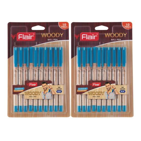 FLAIR Woody 0.7mm Ball Pen Blister Pack | Attractive Woody Design | Smooth Ink Flow System With Low-Viscosity Ink | Smudge Free Writing | Blue Ink, Pack of 20 Pens