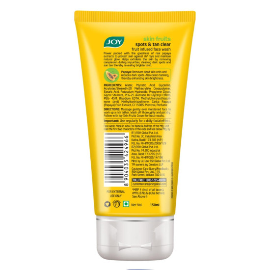 Joy Skin Fruits Spots & Tan Clear Face Wash 150ml | Enriched with Papaya & Vitamin C + A | For Healthy Glowing skin | Suitable for All Skin Types