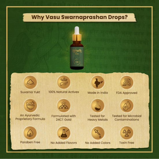 VASU Swarnaprashan Drop For Kids - Natural Formulated With Pure 24Ct Gold | Healthy Growth | Golden Nectar | Improves Strength & Immunity Booster For Kids (0-16 Years) - 30Ml