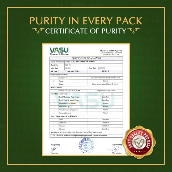 VASU Swarnaprashan Drop For Kids - Natural Formulated With Pure 24Ct Gold | Healthy Growth | Golden Nectar | Improves Strength & Immunity Booster For Kids (0-16 Years) - 30Ml