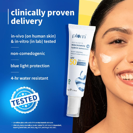 Plum SPF 50 PA++++ Sunscreen with 2% Niacinamide & Rice Water | In-Vivo Tested | Lightweight, No White Cast | Broad Spectrum UVA/UVB protection | Brightens Skin, Reduces Tan | Oily & Dry Skin | 50g