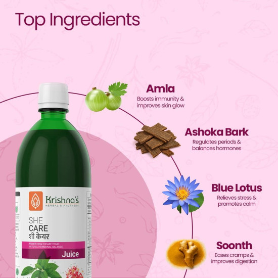 KRISHNA'S HERBAL & AYURVEDA She Care Juice 1000ml, Herbal Supplement for Hormonal Balance, PCOS, PCOD, Period Pain Relief, Hair and Skin Health | Women Wellness Juice KRISHNA'S HERBAL & AYURVEDA She Care Juice 1000ml, Herbal Supplement for Hormonal Balance, PCOS, PCOD, Period Pain Relief, Hair and Skin Health | Women Wellness Juice
