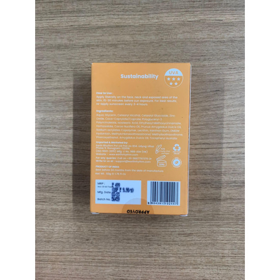 Earth Rhythm Mineral Sunscreen Serum SPF 50 with Zinc Oxide & Vitamin E | Light and non-greasy Texture | Face serum with SPF 50, Sunserum| All skin types | Unisex – 50g