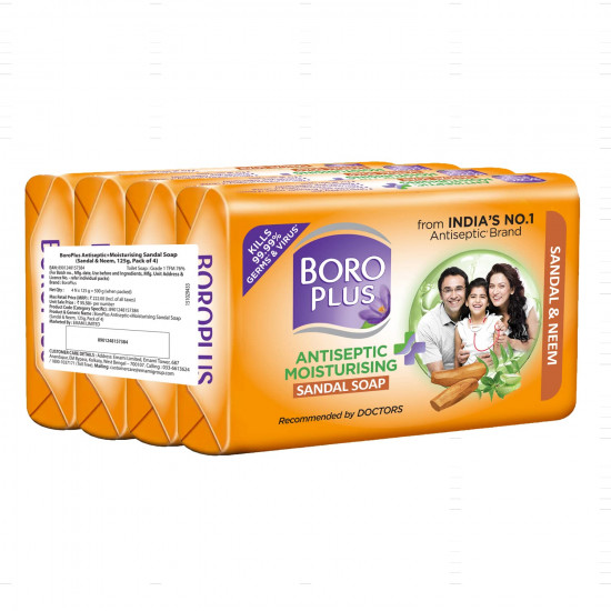 BoroPlus Antiseptic And Moisturising Bathing Sandal Soap With Sandal & Neem | 99.9% Germ And Virus Protection | For Smooth, Soft, Moisturised & Nourished Skin, 125G (Pack Of 4)