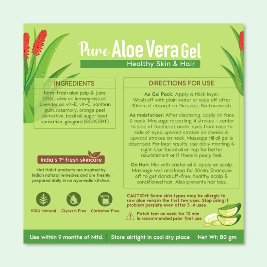 Nat Habit Pure Aloe Vera Face Gel For Healthy Skin & Hair, Natural Oil Free Moisturizer & Anti-Dandruff (Pack of 2 X 80g)