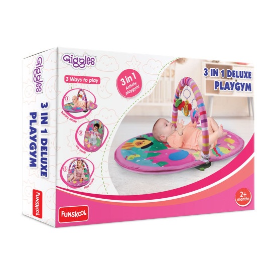 Funskool Giggles Deluxe Play Gym, Pink Colour Activity Playgym, 3 in 1 Modes of Play, with Arch and 3 Toys, Easy to Clean and wash, for 2 Month + Upto 6 Months.