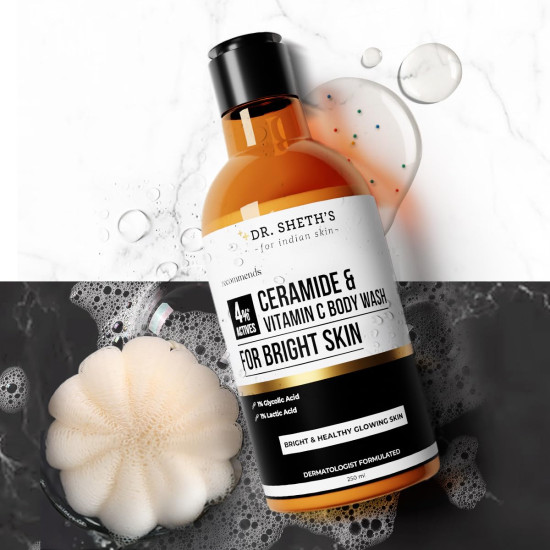 Dr. Sheth's Ceramide & Vitamin C Body Wash | For Bright, Healthy & Glowing Skin | Exfoliates & Evens Skin Tone | 4% Actives (1% Lactic Acid, 1% Glycolic Acid & 2% Niacinamide) | Sulphate Free | Gentle Exfoliating Shower Gel