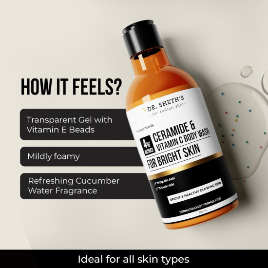Dr. Sheth's Ceramide & Vitamin C Body Wash | For Bright, Healthy & Glowing Skin | Exfoliates & Evens Skin Tone | 4% Actives (1% Lactic Acid, 1% Glycolic Acid & 2% Niacinamide) | Sulphate Free | Gentle Exfoliating Shower Gel