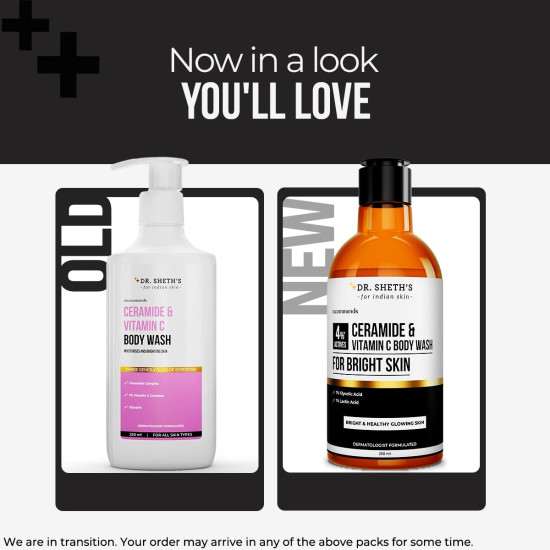 Dr. Sheth's Ceramide & Vitamin C Body Wash | For Bright, Healthy & Glowing Skin | Exfoliates & Evens Skin Tone | 4% Actives (1% Lactic Acid, 1% Glycolic Acid & 2% Niacinamide) | Sulphate Free | Gentle Exfoliating Shower Gel