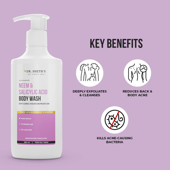 Dr. Sheth's Neem & Salicylic Acid Body Wash For Normal to Oily Skin| Fights Back & Body Acne | With Salicylic Acid & Neem Extract| Men & Women | 250 mL