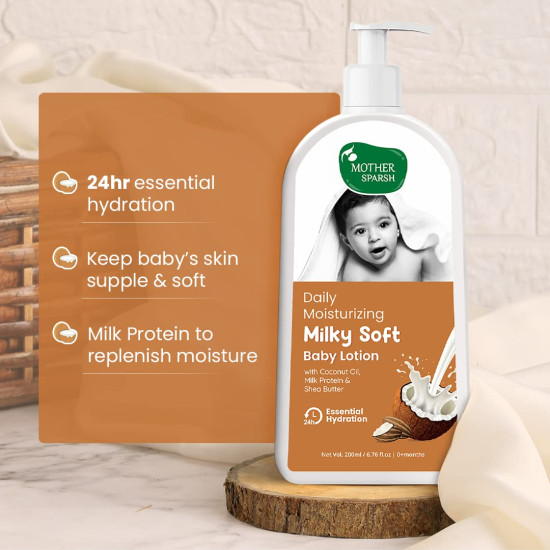 Mother Sparsh Milky Soft Baby Lotion - 200ml | with Milk Protein, Coconut Oil & Shea Butter | For 24Hrs Moisturization