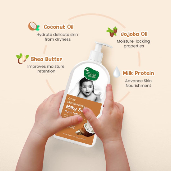 Mother Sparsh Milky Soft Baby Lotion - 200ml | with Milk Protein, Coconut Oil & Shea Butter | For 24Hrs Moisturization