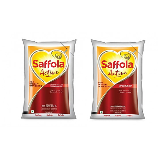 Saffola Active Refined Oil | Blend of rice bran oil and soyabean oil |Cooking Oil|Pro Weight Watchers Edible Oil 1 Litre Pouch