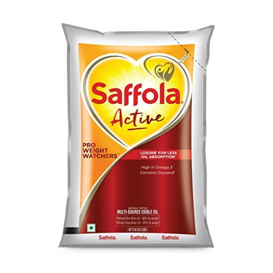 Saffola Active Refined Oil | Blend of rice bran oil and soyabean oil |Cooking Oil|Pro Weight Watchers Edible Oil 1 Litre Pouch