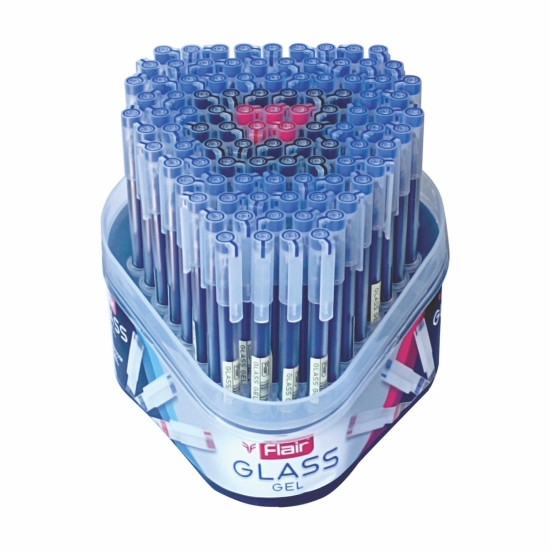 FLAIR Glass Gel Pen | Tip Size 0.6 mm | Elegant Looks | Soft Rubber Grip | WaterProof Ink | Smudge Free Writing | Ideal for School, College & Office | Blue, Black & Red Ink, Tumbler Set Of 100 Pens FLAIR Glass Gel Pen | Tip Size 0.6 mm | Elegant Looks | Soft Rubber Grip | WaterProof Ink | Smudge Free Writing | Ideal for School, College & Office | Blue, Black & Red Ink, Tumbler Set Of 100 Pens
