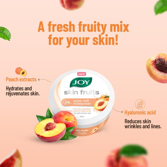 Joy Skin Fruits Super Soft Moisturizer With Peach & Hyaluronic Acid (200ml) | Skin Cream for 24 Hr Moisturization of Face, Hands & Body | Oil Free Hydration For Soft & Smooth Skin