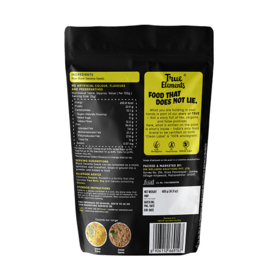 True Elements Raw Black Sesame Seeds 400gm - Black Til Seeds for Eating | Natural Black Gingelly Oil Seeds | Indian Spices for Everyday Essentials | Versatile ingridient | Antioxidant rich | Kaale Til