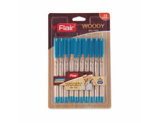 Flair Woody 0.7mm Ball Pen Blister Pack | Attractive Woody Design | Smooth Ink Flow System with Low-Viscosity Ink | Smudge Free Writing | Blue Ink, Pack of 10 Pens