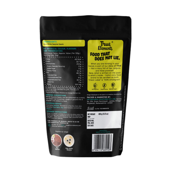 True Elements Raw White Sesame Seeds 400gm - 100% Clean and Natural White Til | Safed Til Seeds for Eating | Everyday Essentials Indian Spices | Non - GMO | Antioxidant rich |