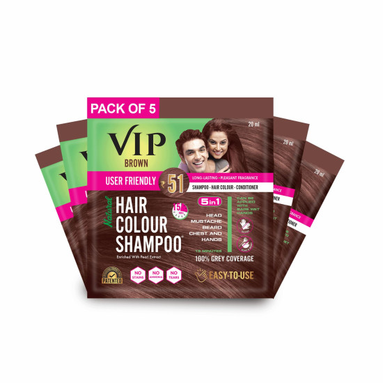 VIP Hair Colour Shampoo - Brown | Ammonia Free Hair Colour for Men and Women | 20ml (Pack of 5)