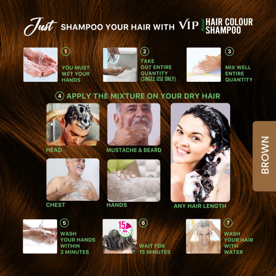 VIP Hair Colour Shampoo - Brown | Ammonia Free Hair Colour for Men and Women | 20ml (Pack of 5)