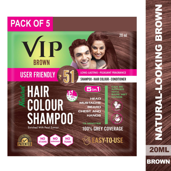 VIP Hair Colour Shampoo - Brown | Ammonia Free Hair Colour for Men and Women | 20ml (Pack of 5)