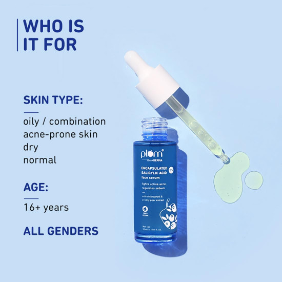 Plum 2% Encapsulated Salicylic Acid Face Serum | Fights Active Acne, Controls Oil & Soothes Inflammation | Lightweight & Quick-Absorbing Serum for Face | for All Skin Types | for Women & Men | 30ml