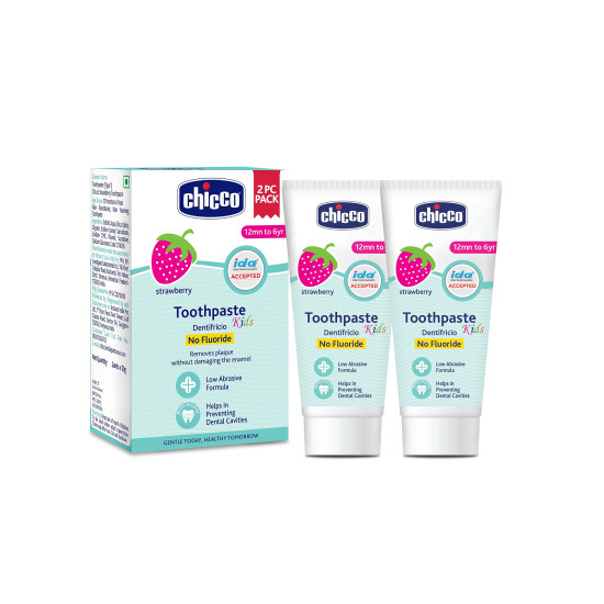 Chicco Toothpaste for Kids, Best for Baby (1y-6y), Strawberry Flavour, 50g (Pack of 2) | Fluoride-Free & Low Abrasive | Removes Plaque, Helps Prevent Cavities | IDA Accepted