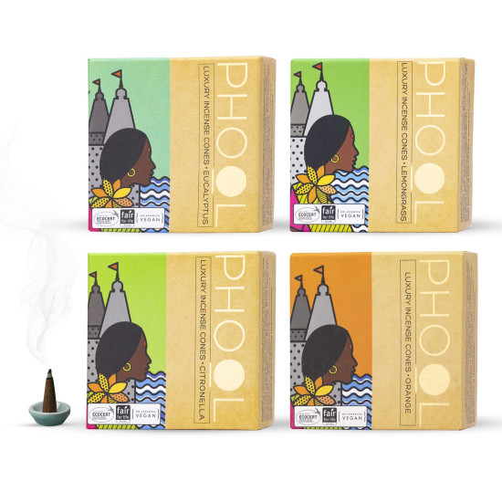 PHOOL LUXURY INCENSE Natural Incense Cones (Bundle Pack Of 4) I Citral Fragrances - Citronella, Eucalyptus, Lemongrass, Orange I 100% Organic Dhoop Cones | Natural Mosquito Repellents