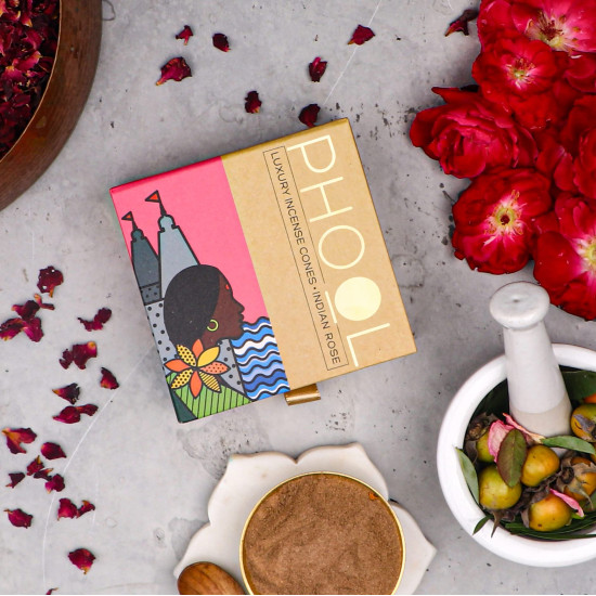 PHOOL LUXURY INCENSE Natural Incense Cones (Bundle Pack of 4) I Special Pack Floral Fragrances - Indian Rose, Tuberose, Lavender, Nagchampa I 100% Organic Dhoop Cones I Chemical & Charcoal Free