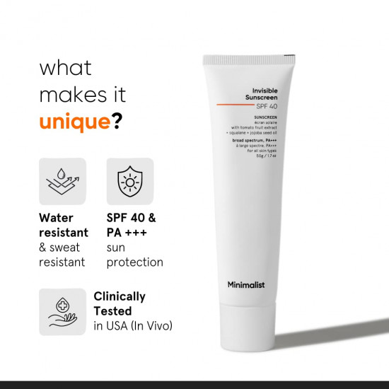 Minimalist Invisible Sunscreen for Oily Skin | SPF 40 PA+++ | Clinically Tested in USA (In-Vivo) | Water Resistant | Ultra Light Gel | Matte Finish | No White Cast | Sweat Resistant | For Women & Men | 50 gm