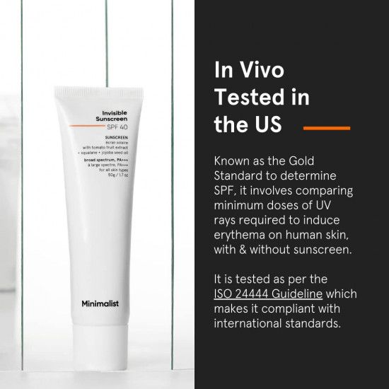 Minimalist Invisible Sunscreen for Oily Skin | SPF 40 PA+++ | Clinically Tested in USA (In-Vivo) | Water Resistant | Ultra Light Gel | Matte Finish | No White Cast | Sweat Resistant | For Women & Men | 50 gm